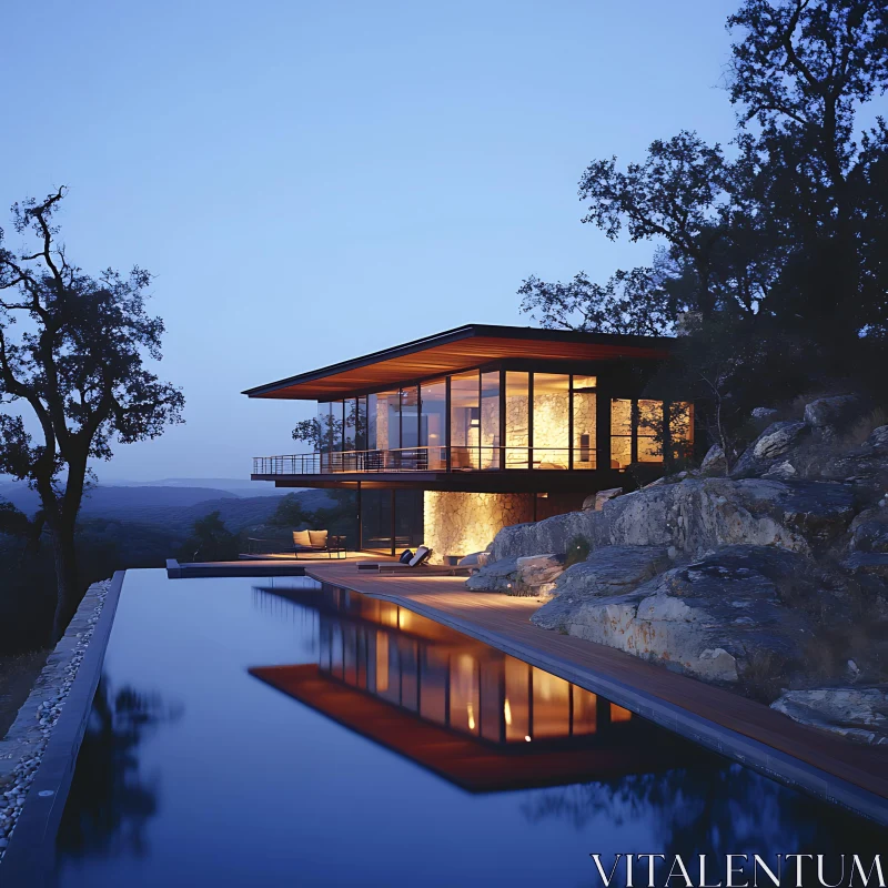 AI ART Elegant Evening at Glass-Walled House with Infinity Pool