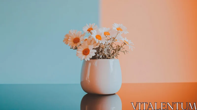 Daisies in Vase with Blue and Orange Background AI Image