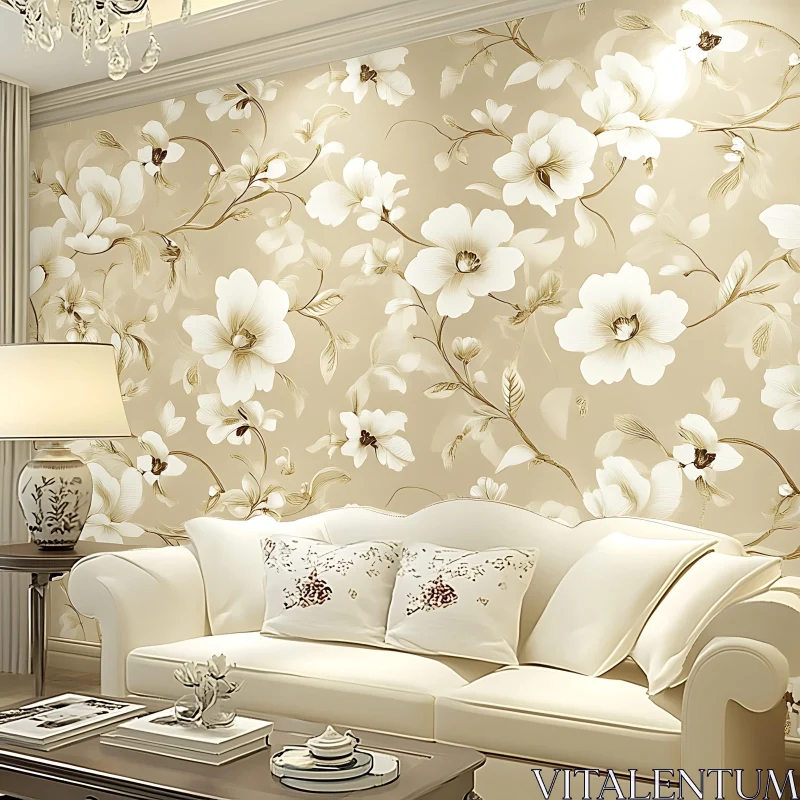 AI ART Floral Wallpaper and White Sofa Interior Design