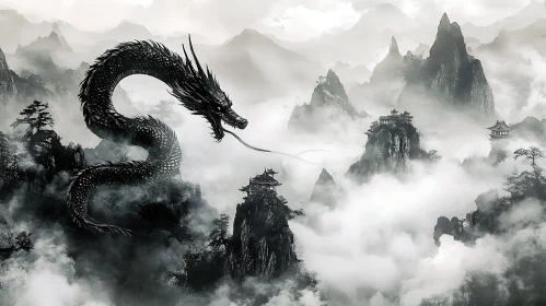 Serpentine Dragon Amidst Mountain Peaks