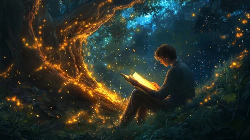 Boy Reading Under Magical Tree at Night