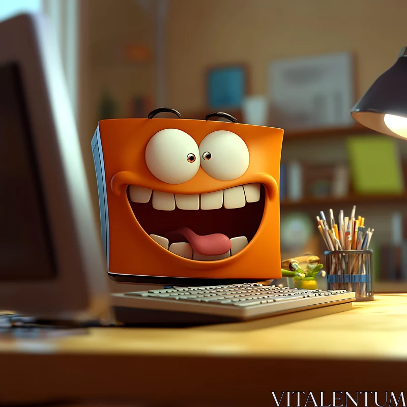 Funny Cartoon Monitor with Big Eyes and Grin AI Image