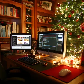 Christmas Themed Home Office with Coding Setup