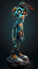 3D Rendered Cartoon Zombie with Green Skin and Blue Hair