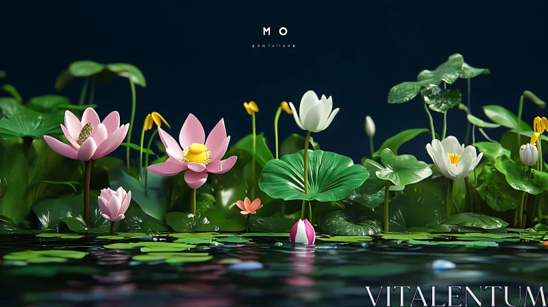 Lotus Flowers in a Calm Pond AI Image