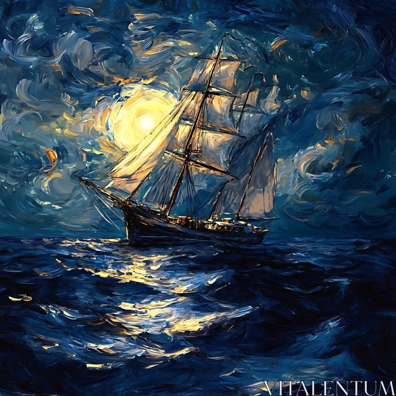 AI ART Moonlit Voyage of the Sailing Ship
