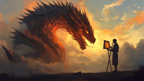 Painter and Dragon at Sunset