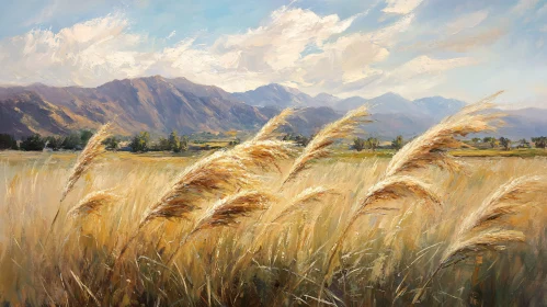 Impressionistic Landscape of Field and Mountains