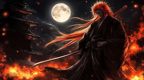 Moonlit Samurai with Fiery Hair