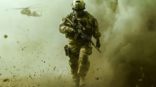 Armed Soldier Walking Through Smoke