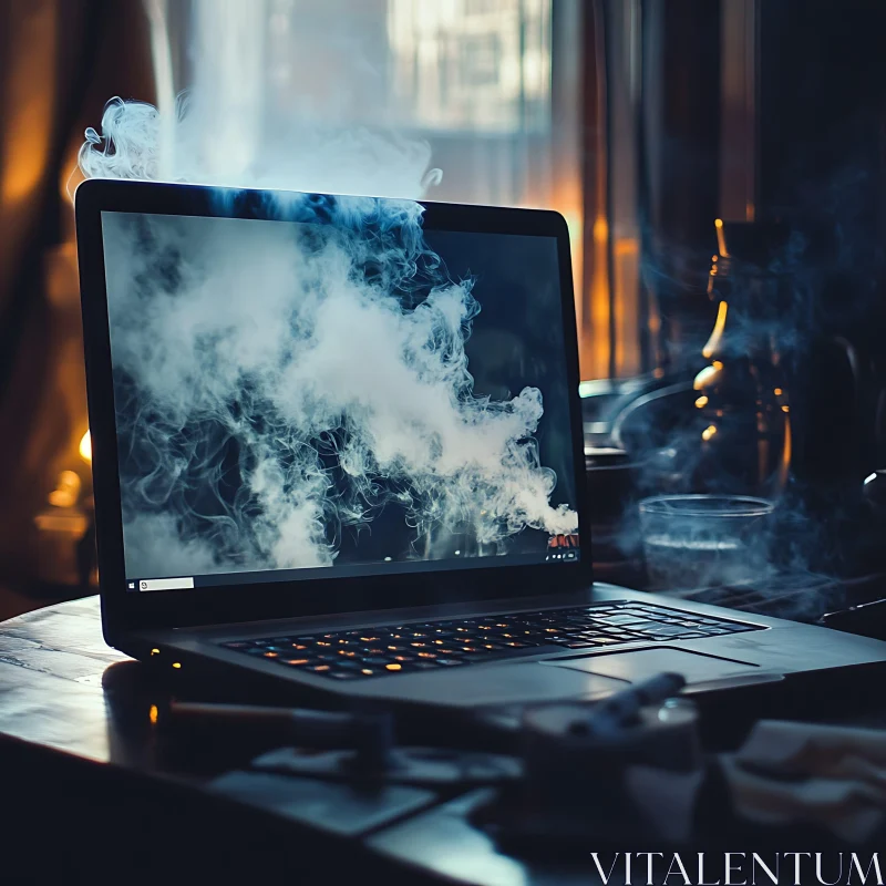 Laptop Emitting Smoke in a Dark Room AI Image