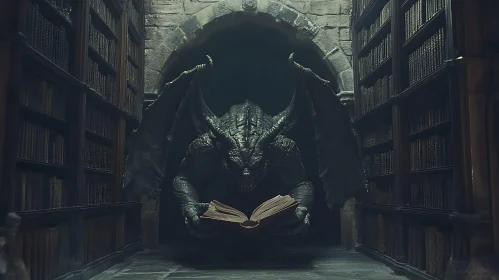 Scholarly Dragon in Library Scene