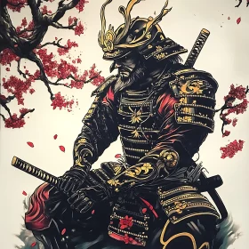 Armored Samurai with Sword and Cherry Tree