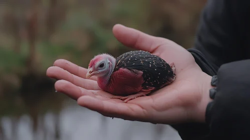 Vulnerable Turkey Chick in Caring Hand