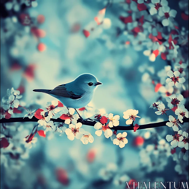 Spring Bird with Cherry Flowers AI Image