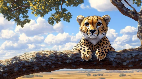Cheetah on Tree Branch in Savannah