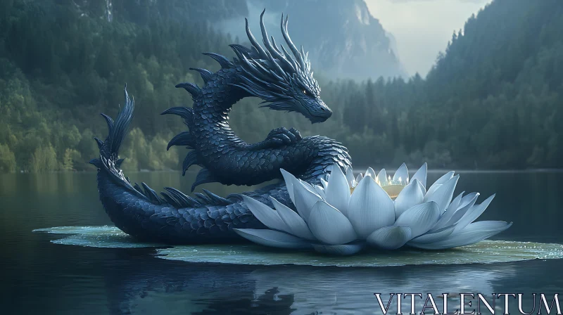 Mystical Dragon Resting on Lotus Flower AI Image