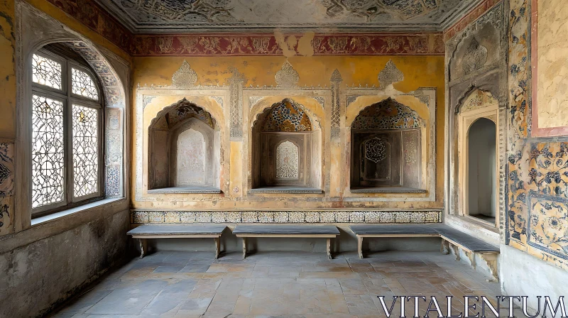 Arched Interior with Benches and Ancient Design AI Image