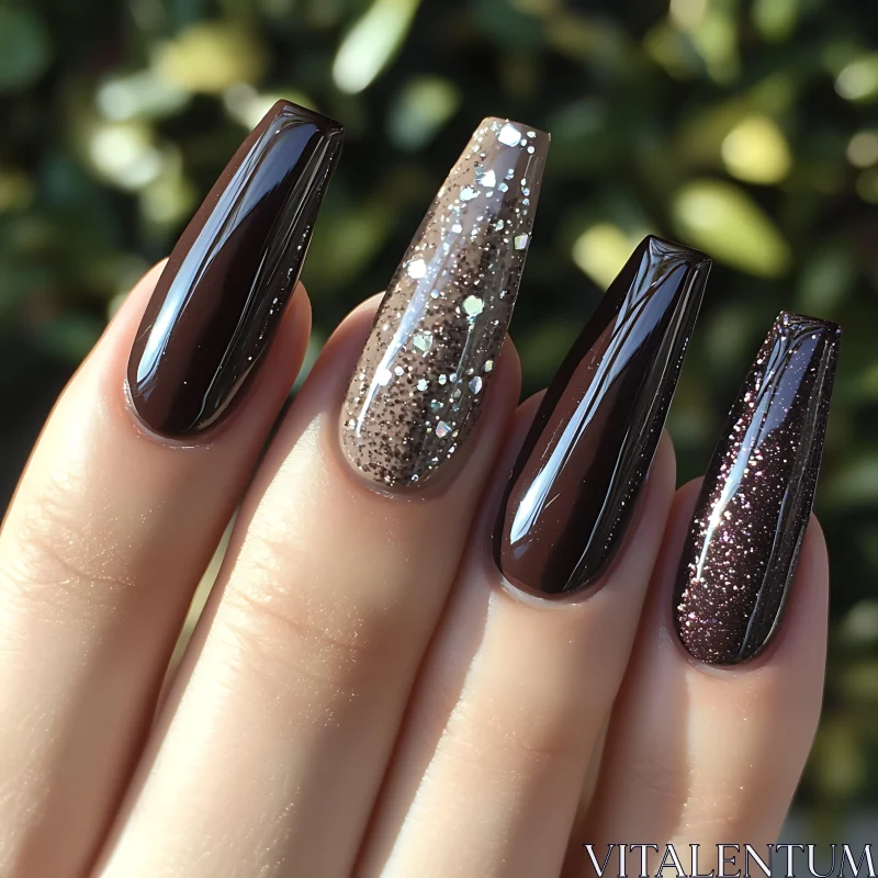 Glossy Manicure with Dark Brown and Glitter Finish AI Image