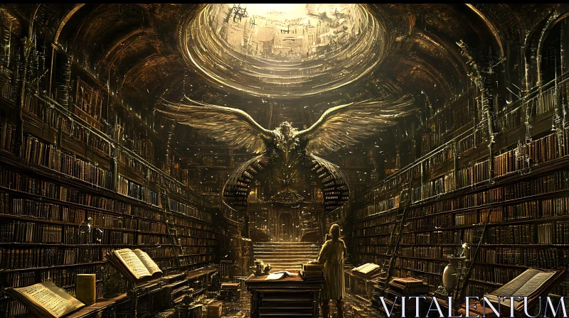 AI ART Ancient Library with Angel Guardian