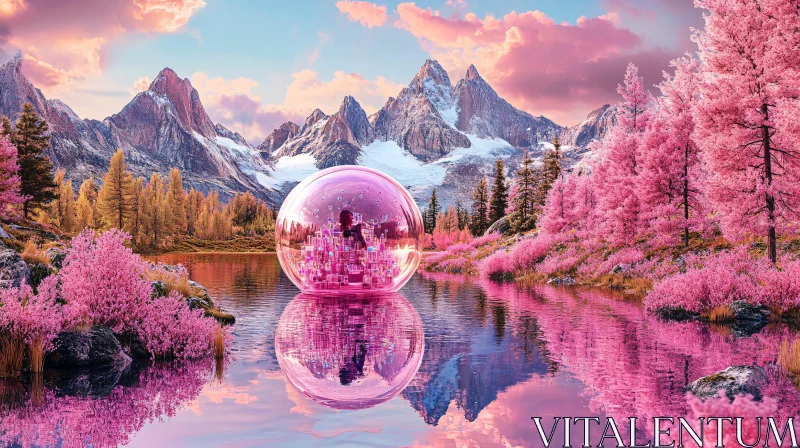 AI ART Tranquil Lake with Pink Snow Globe