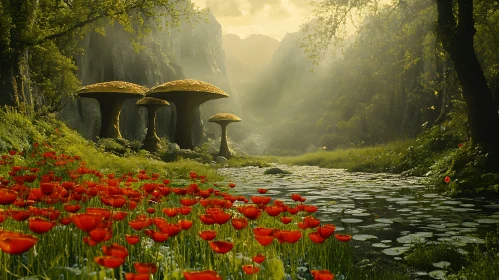 Mushroom Meadow with Red Poppies
