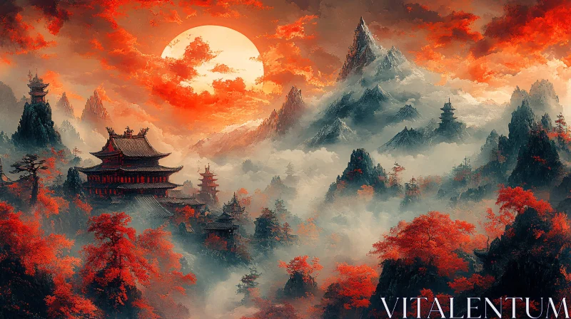 AI ART Misty Mountain Temples with Red Foliage