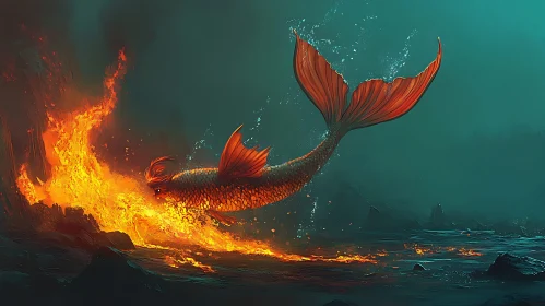 Mythical Orange Fish in Underwater Fire
