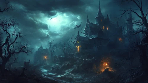 Dark Gothic Castle with Bats