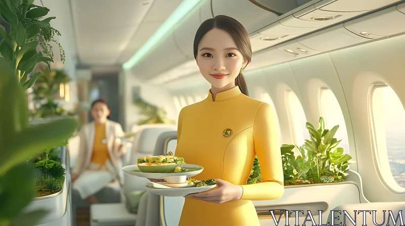 Airline Hospitality and Green Decor in the Sky AI Image