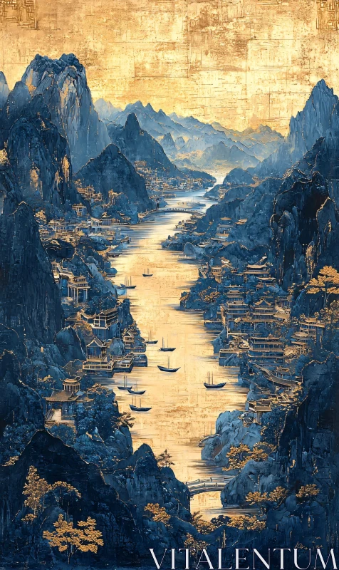 AI ART Tranquil River Scene with Boats