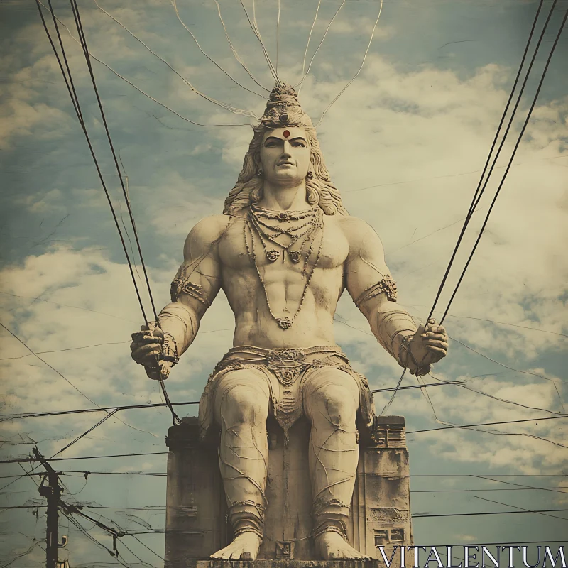 Monumental God Statue with Power Lines AI Image