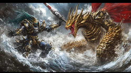 Armored Warrior Confronts Mythical Dragon