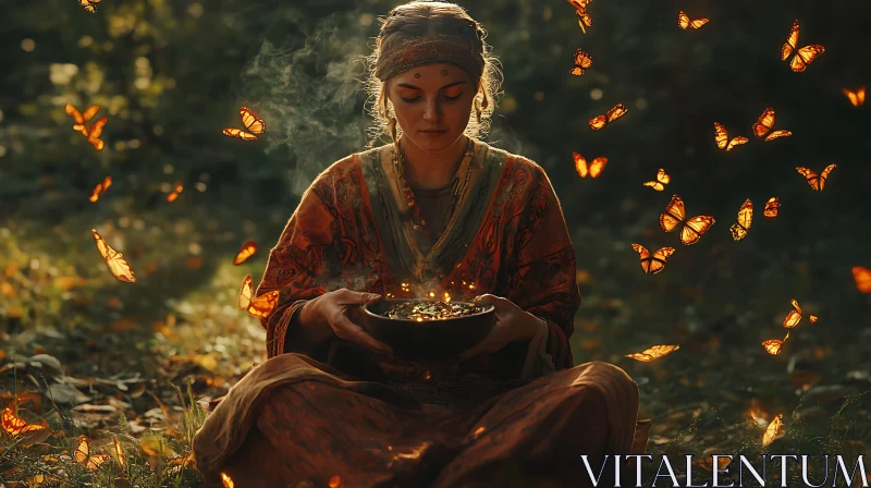 AI ART Woman Meditating with Butterflies in Nature