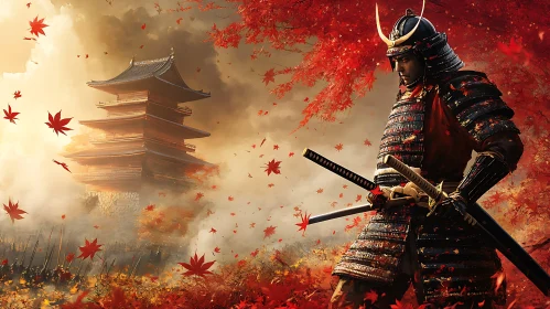 Ancient Temple Guarded by a Samurai