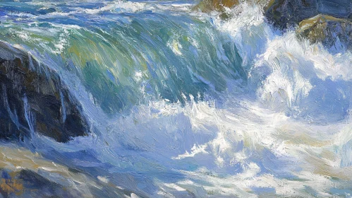 Ocean Wave Crashing Against Rocks Painting