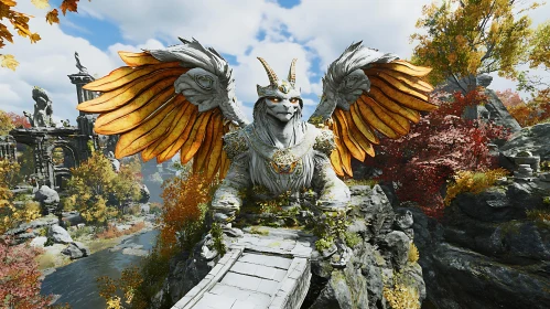 Winged Dragon Statue in Autumnal Setting