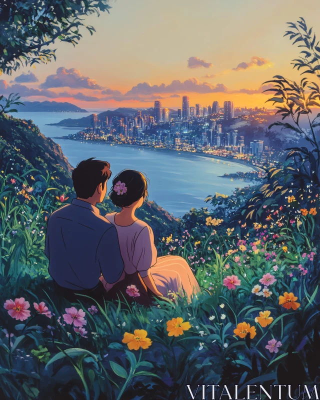 AI ART Couple Gazing at Cityscape at Sunset