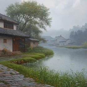 Serene River Scene in the Rain