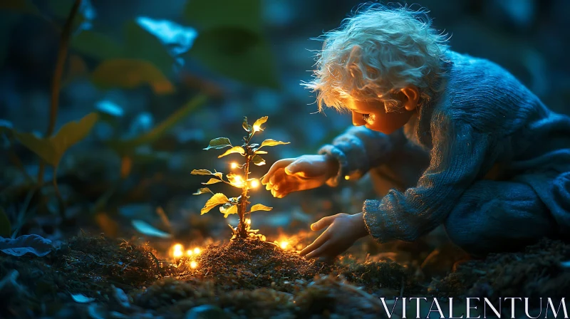 Glowing Plant and Child in Forest AI Image