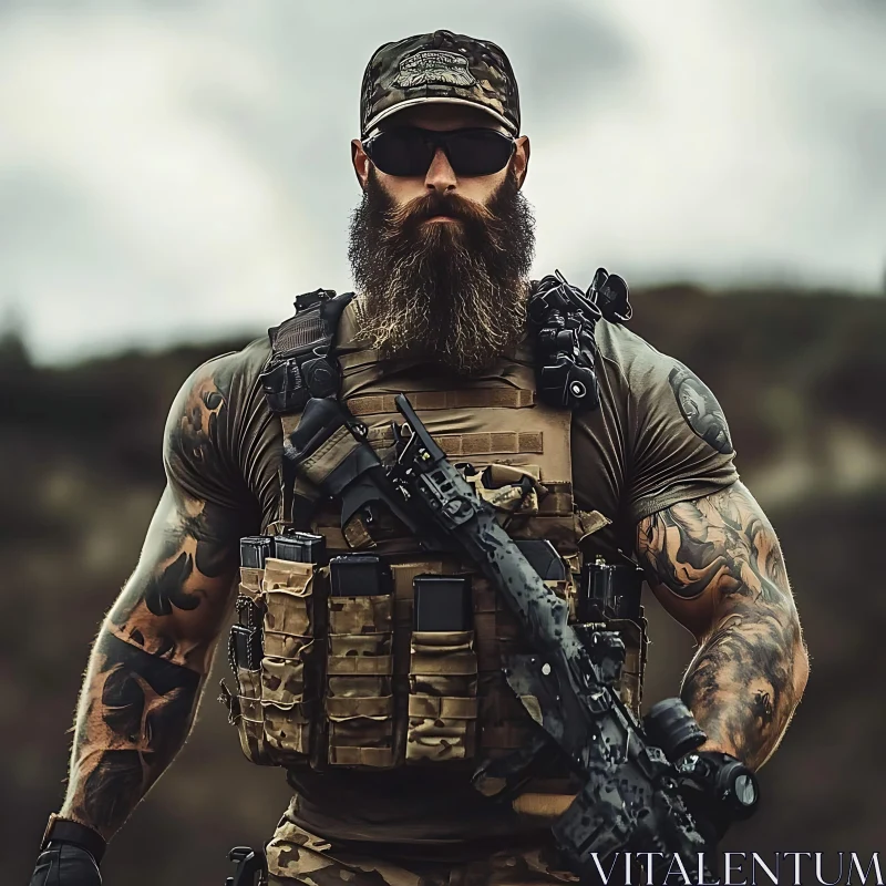 AI ART Bearded Warrior with Rifle and Tattoos