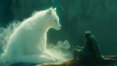 Luminous Wolf and Seated Figure