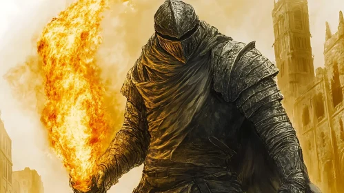 Armored Knight with Fire in Ruins