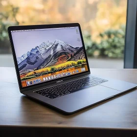 Sleek Laptop with Mountain View Wallpaper on Desk