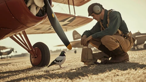 Pilot and Pigeon near Vintage Aircraft