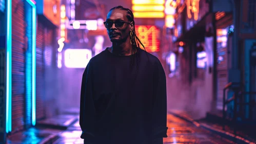 Snoop Dogg in Neon-Lit Nightscape Portrait