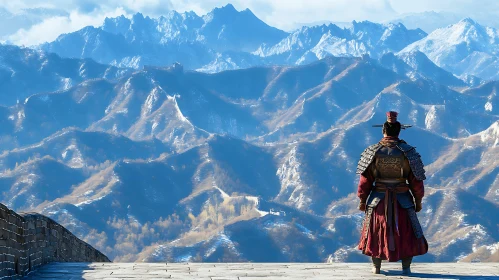 Ancient Guardian Overlooking Mountainous Terrain