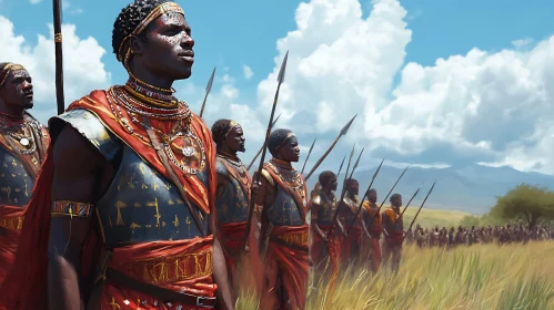 Line of African Warriors in Traditional Clothing