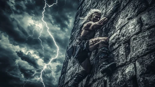 Man Climbing Wall in Lightning