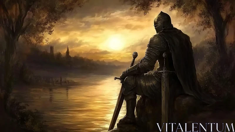 AI ART Armored Knight at Sunset